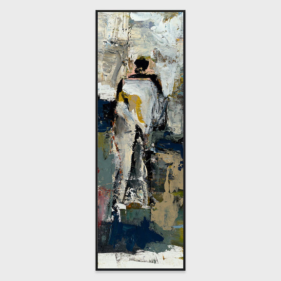 Framed vertical abstract painting in dark gray, navy, and pearl silver tones
