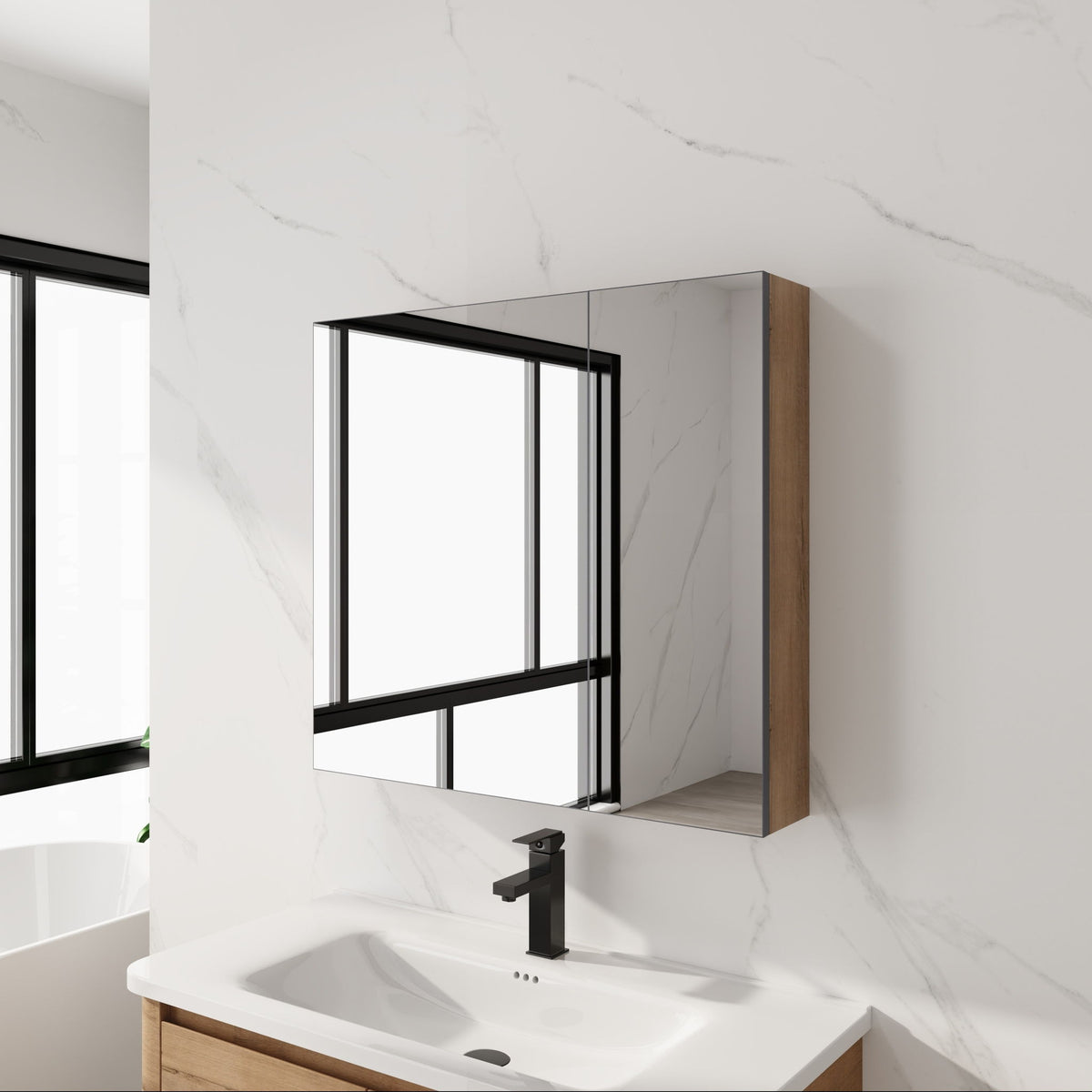 Wall-mounted corner cabinet with oak side panel above countertop sink
