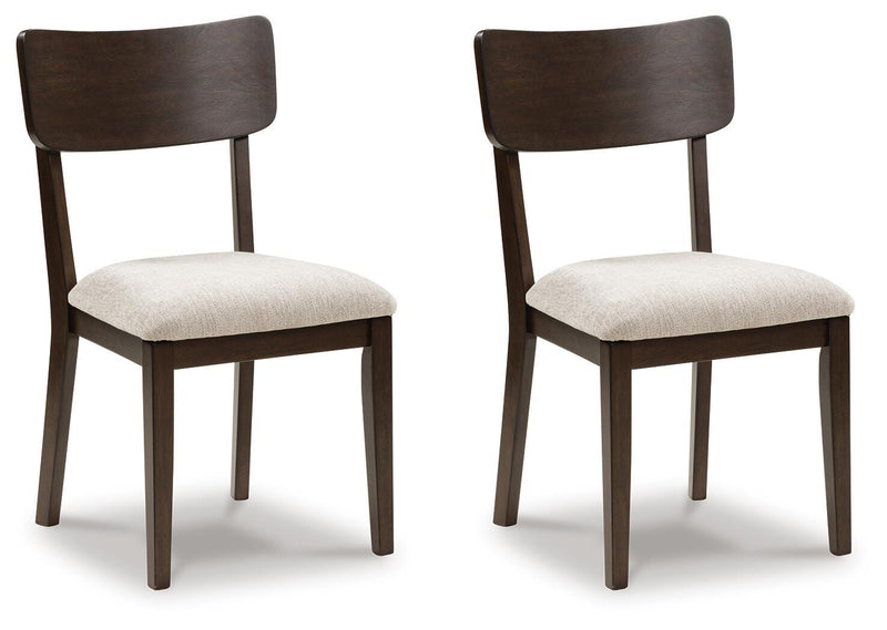 Set of 2 upholstered dining side chairs, dark brown backs and beige seats