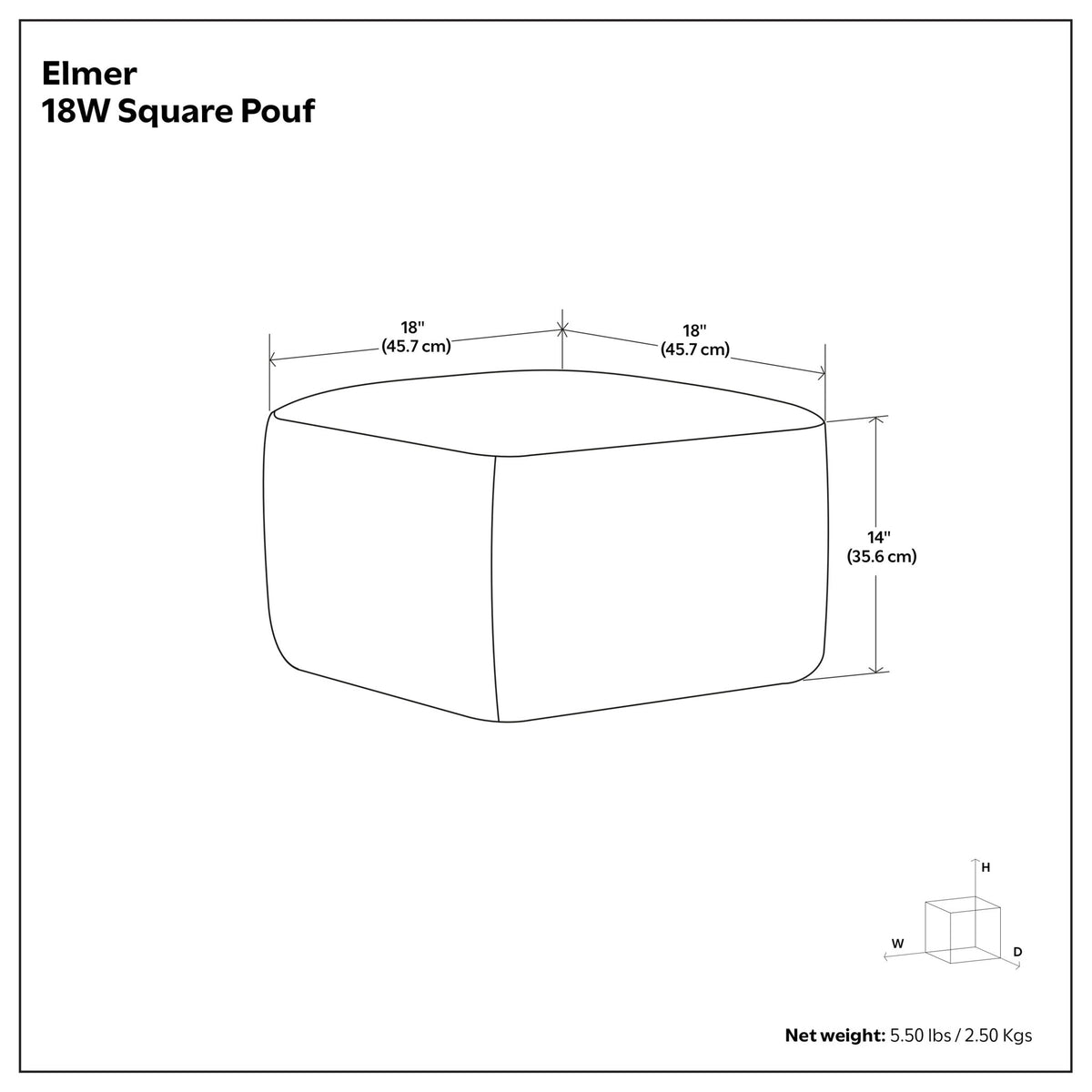 Square woven pouf size diagram: 18 in x 18 in x 14 in.