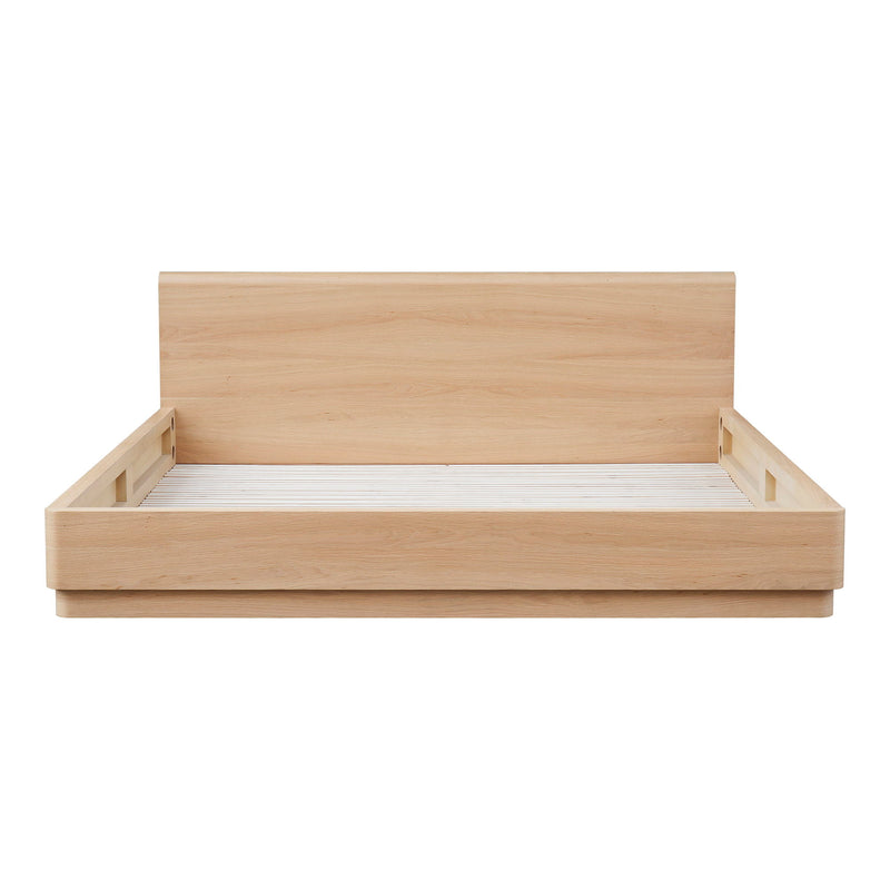 Natural oak king bed frame with headboard and visible side rails