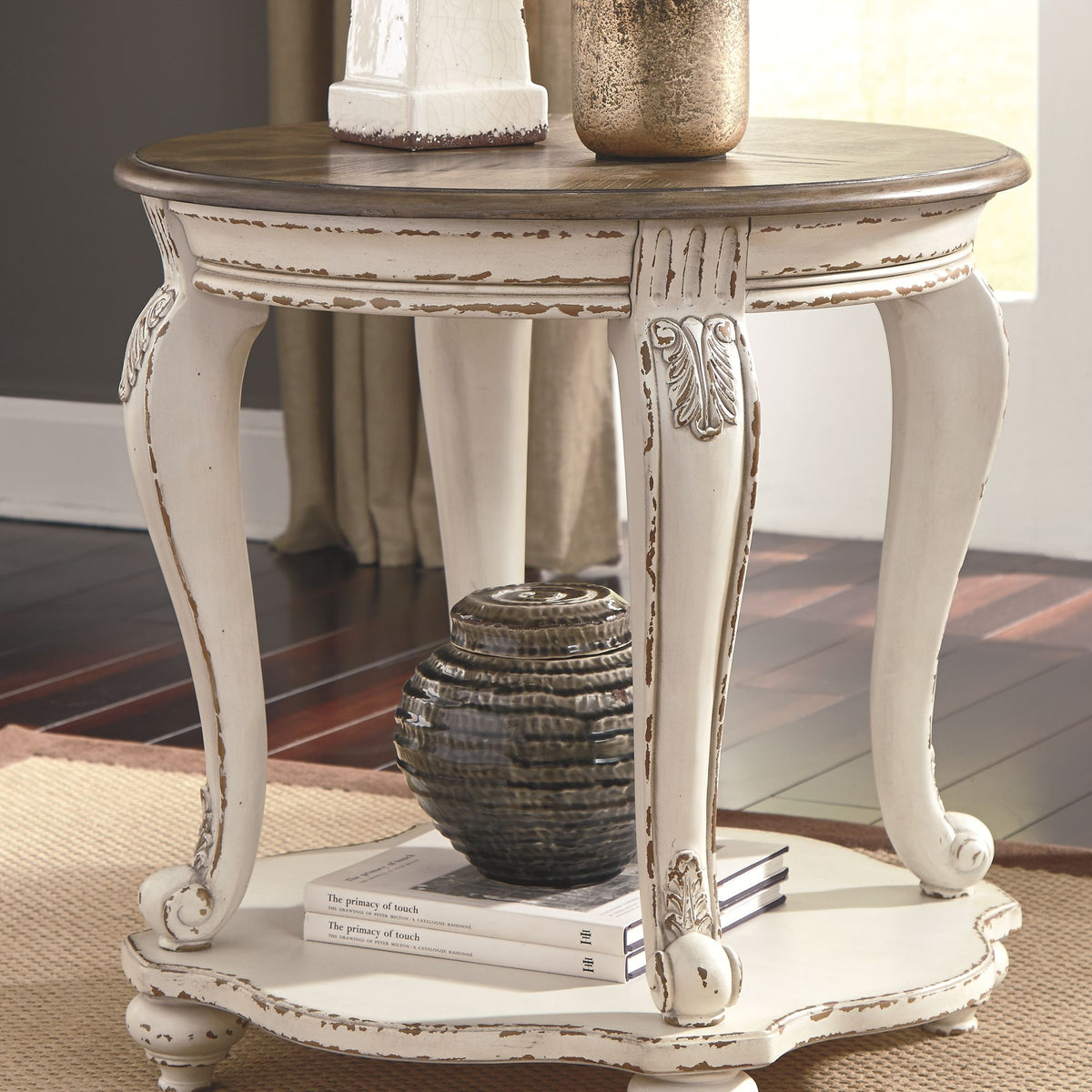 Realyn - Round End Table - White / Brown