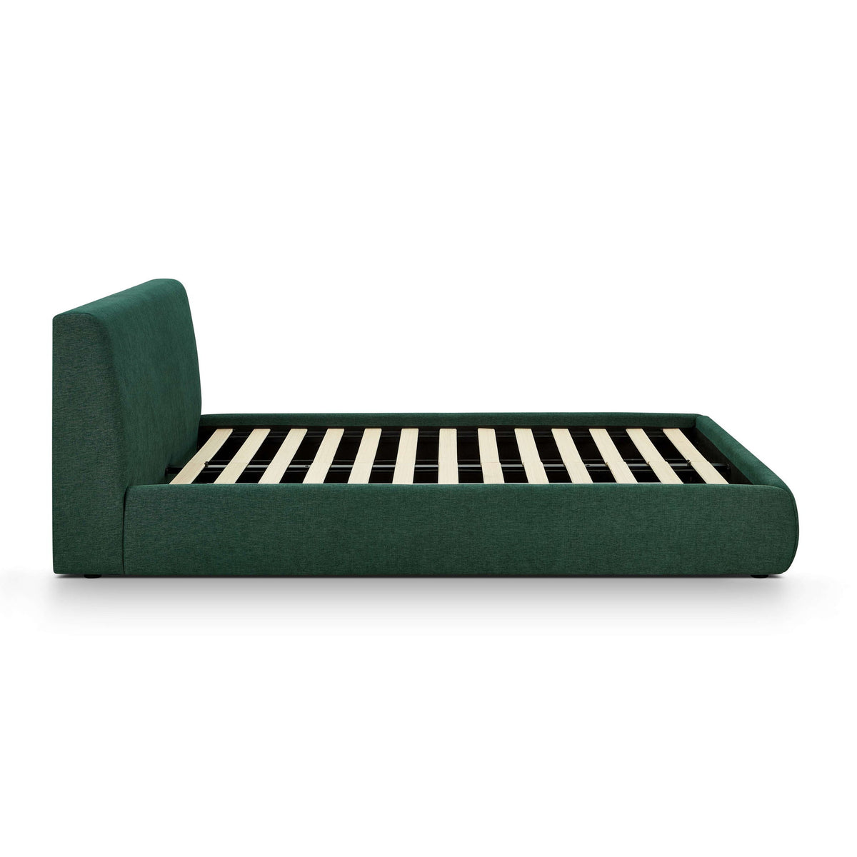 Dark green upholstered bed frame with tall headboard and visible slatted support
