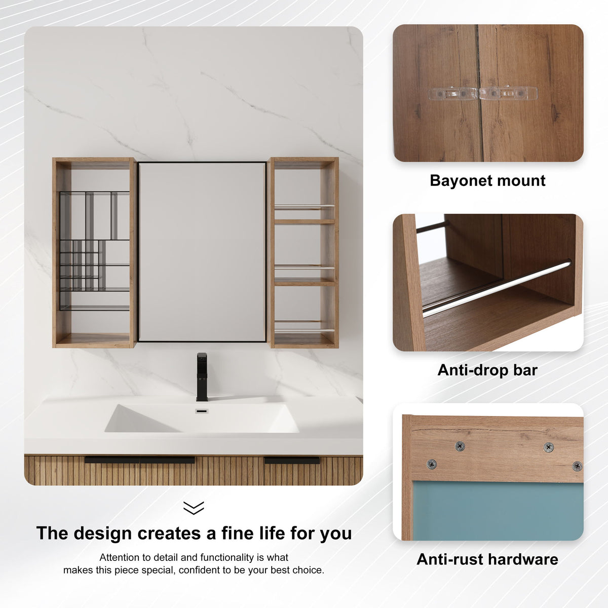 Bathroom wall cabinet with bayonet mount, anti-drop bar, anti-rust hardware, imitation oak