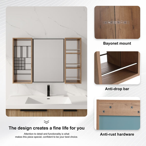 Bathroom wall cabinet with bayonet mount, anti-drop bar, anti-rust hardware, imitation oak