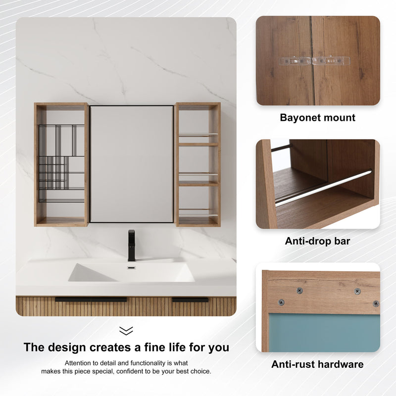 Bathroom wall cabinet with bayonet mount, anti-drop bar, anti-rust hardware, imitation oak