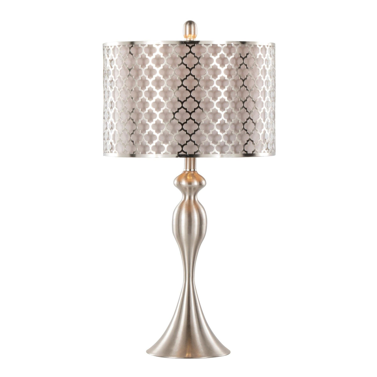 Contemporary table lamp set with patterned gray fabric shade and silver-toned base