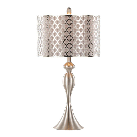 Contemporary table lamp set with patterned gray fabric shade and silver-toned base