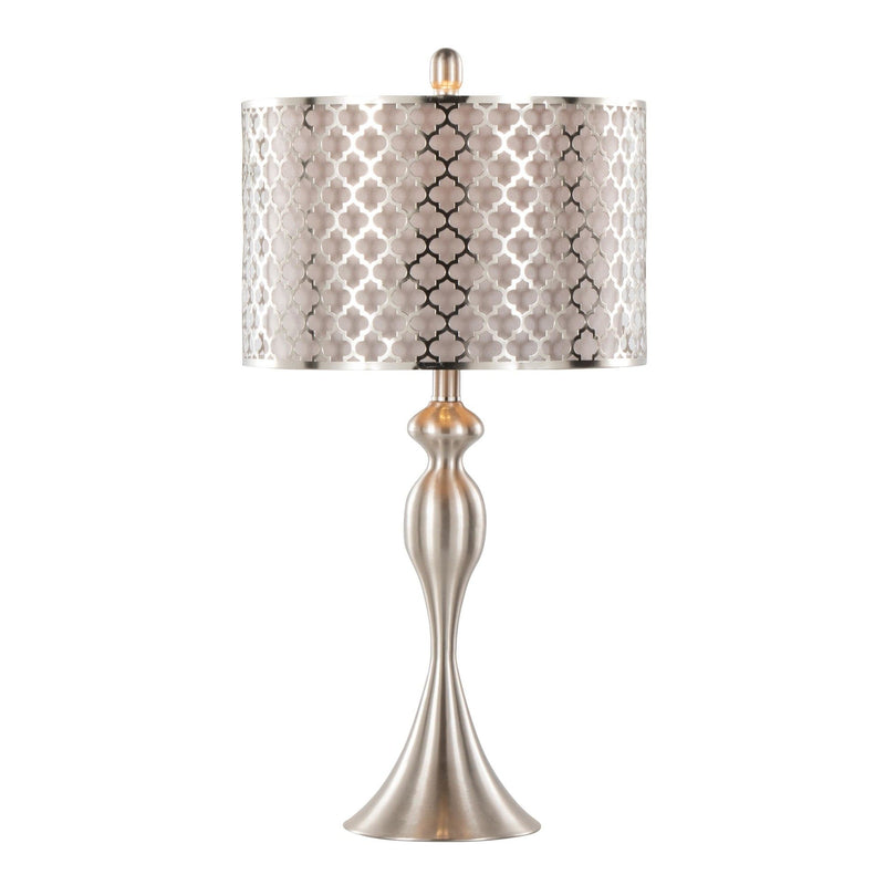 Contemporary table lamp set with patterned gray fabric shade and silver-toned base