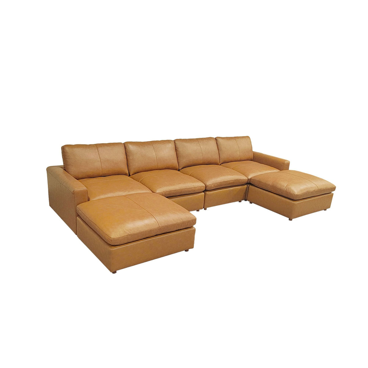 Modular sectional sofa in light brown with corner chaise and ottoman bench
