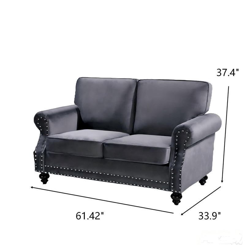 Dark gray 2-seat loveseat sofa with nailhead trim, turned legs, and two-seat back