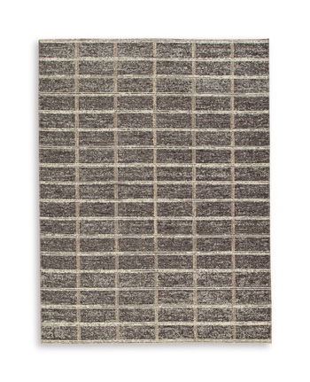 Dark brown rug with textured grid stripes in beige and gray