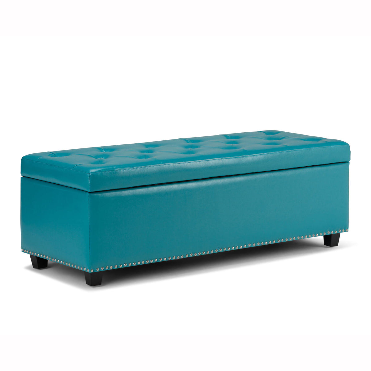 Light blue upholstered storage ottoman with tufted top and nailhead trim, hinged lid.