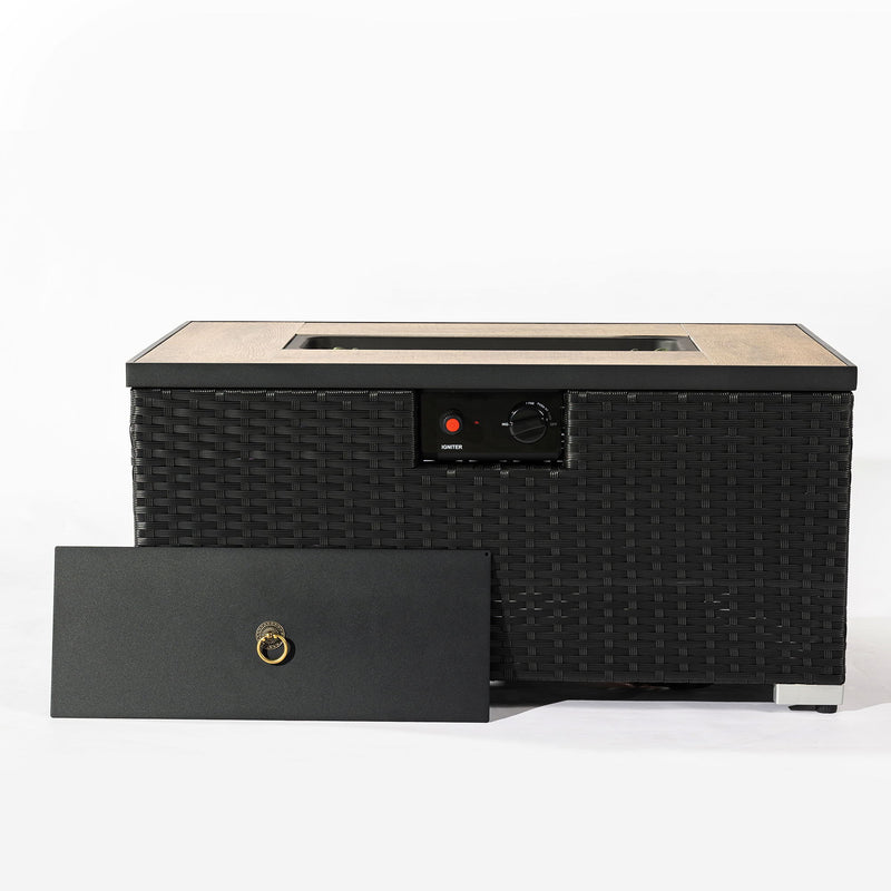 32" Propane Gas Fire Pit Table With Propane Tank Cover, 50000 Btu Rectangular Steel Fire Pit With Beautiful Wicker Base