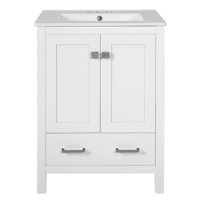 White bathroom vanity with integrated white ceramic undermount sink, 2 doors and bottom drawer