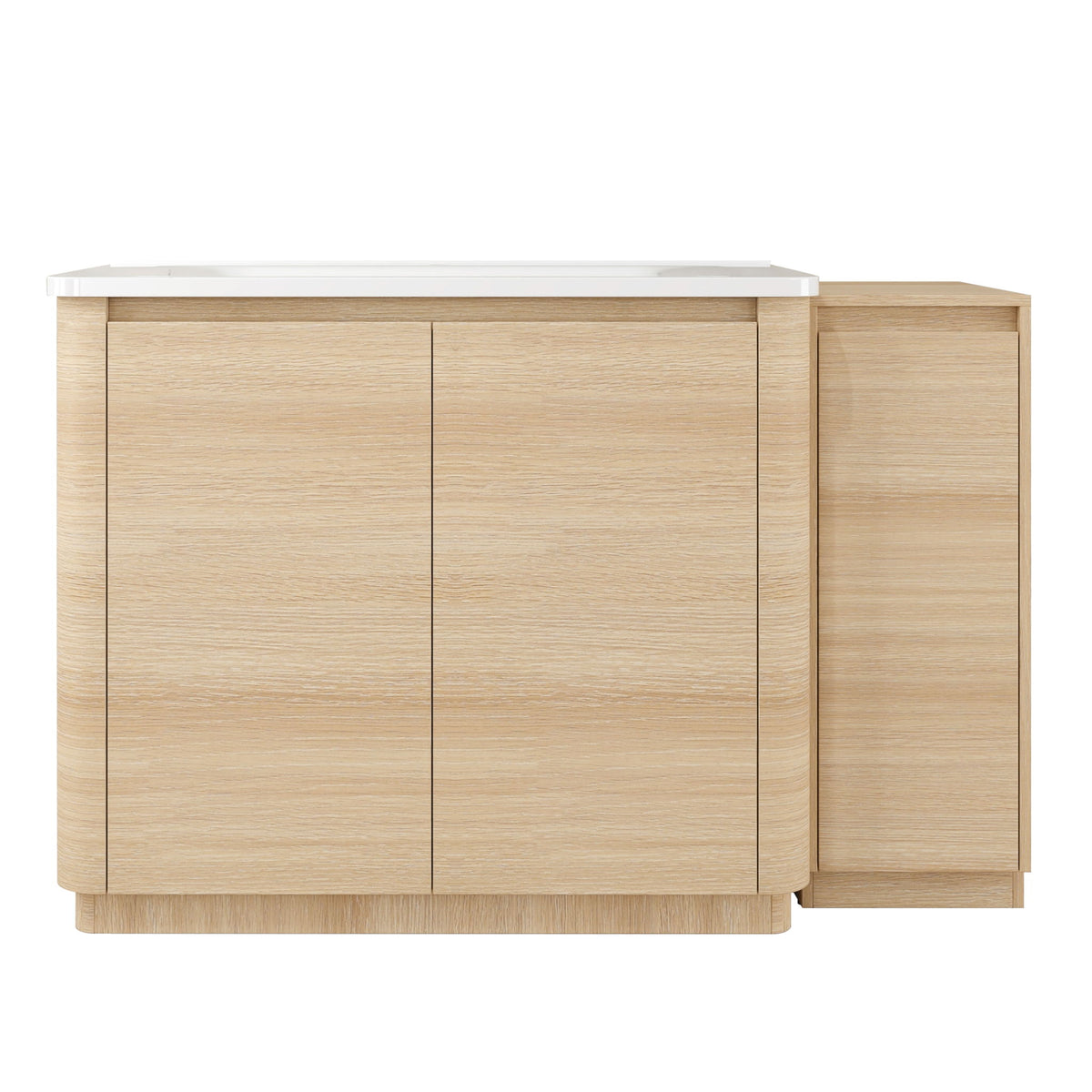 Freestanding bathroom vanity with white sink, light wood finish, and side storage cabinet