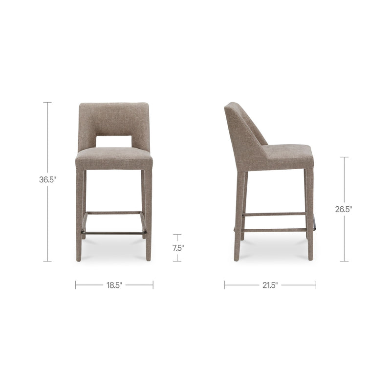 Counter-height stool with dimensions: 36.5 in tall, 18.5 in wide (side view)