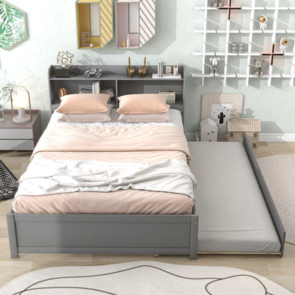 Full Size Bed with Trundle and Bookcase Headboard, Grey