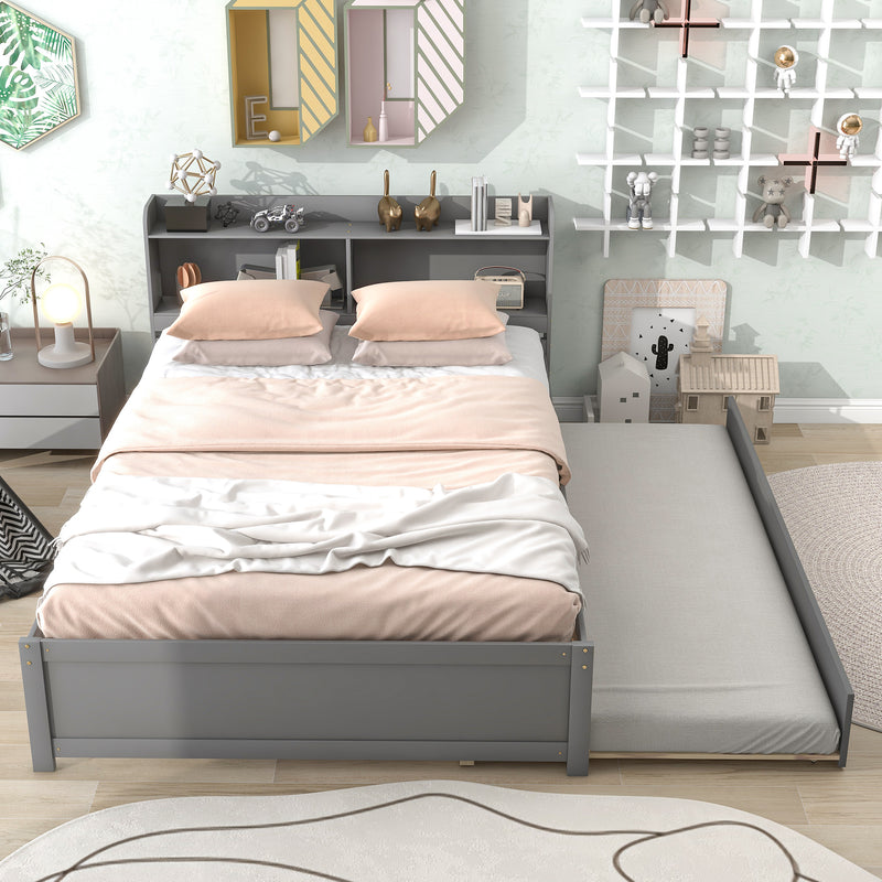 Full Size Bed with Trundle and Bookcase Headboard, Grey