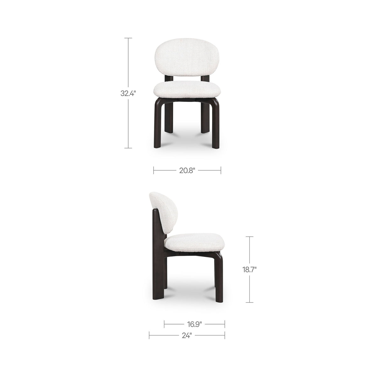 Dining chair with white round back and seat, dark wood legs; size diagram