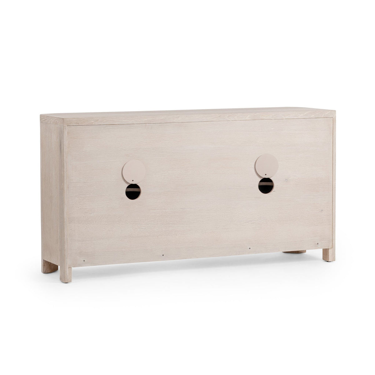 Vanilla wood cabinet back panel with two circular fixtures