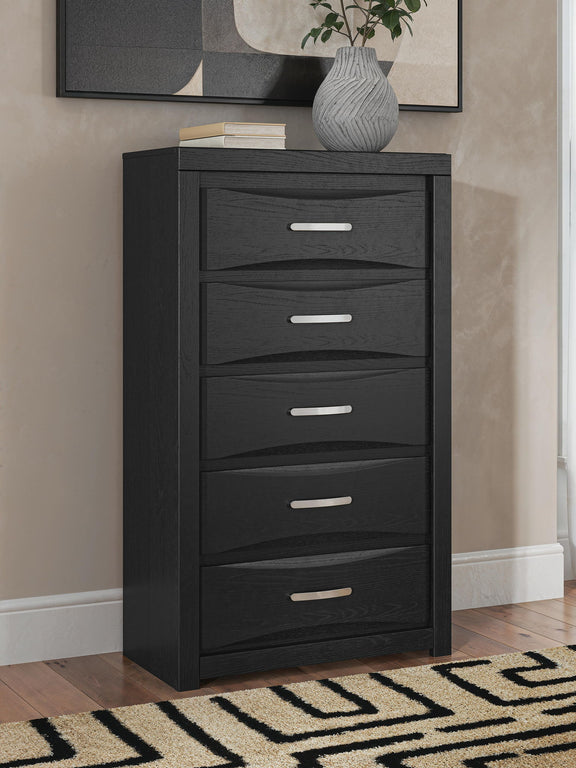 Black five-drawer chest with five front drawers and slim bar handles