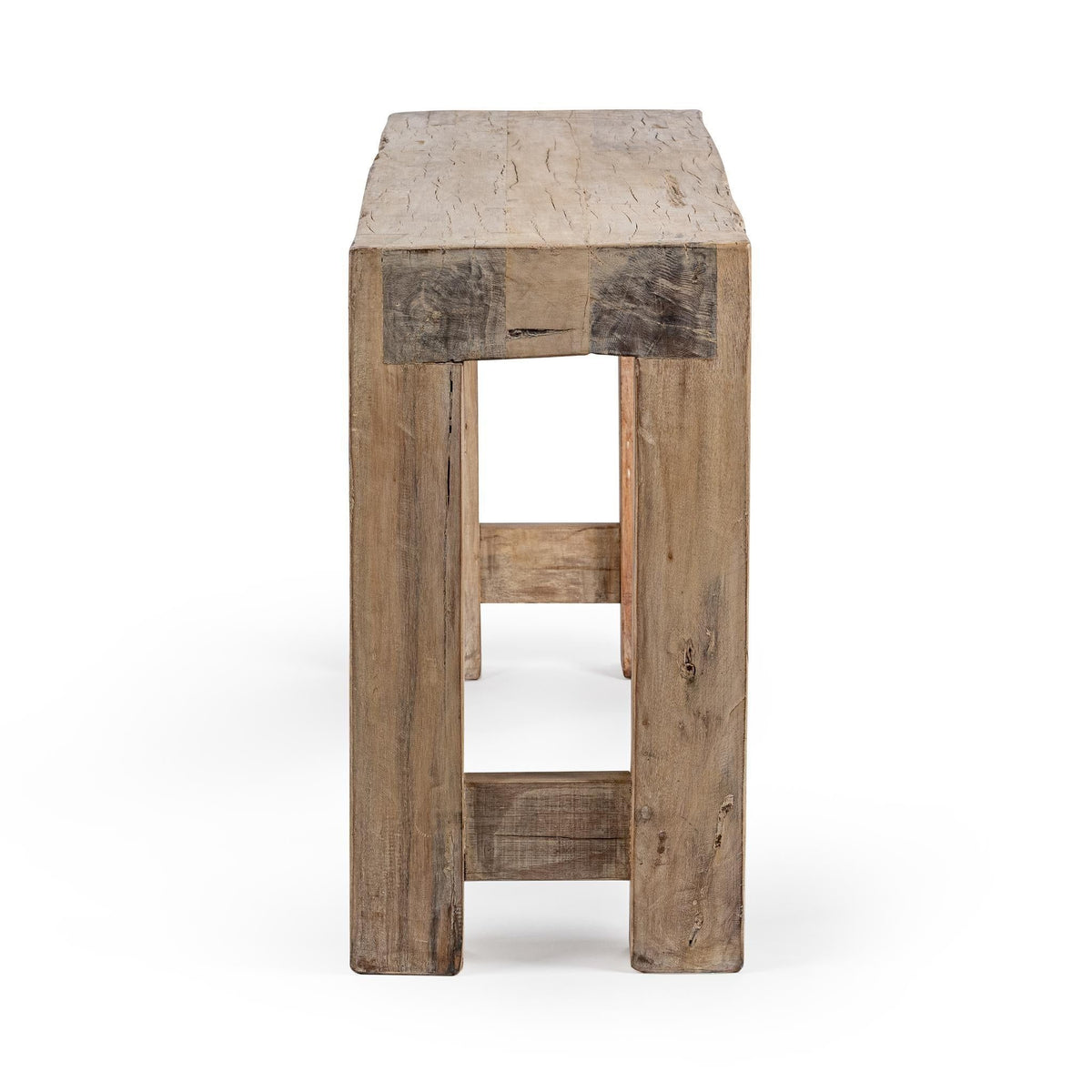 Wooden side table with open center frame and tiered inner shelves