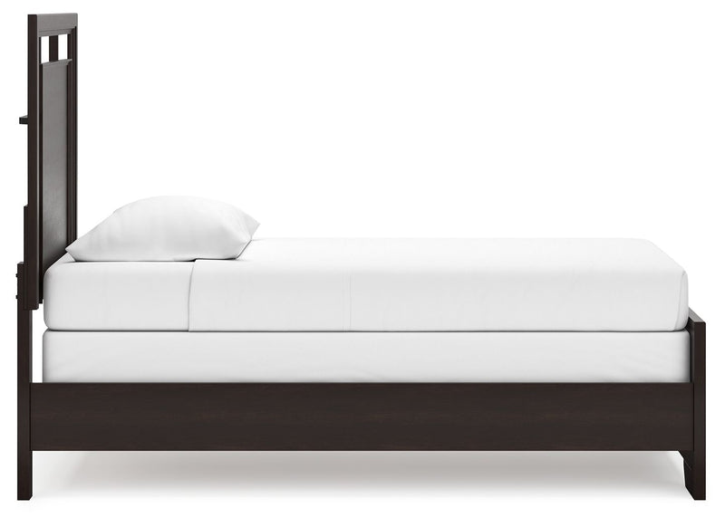 Dark brown panel bed frame, platform base and tall headboard post, white mattress