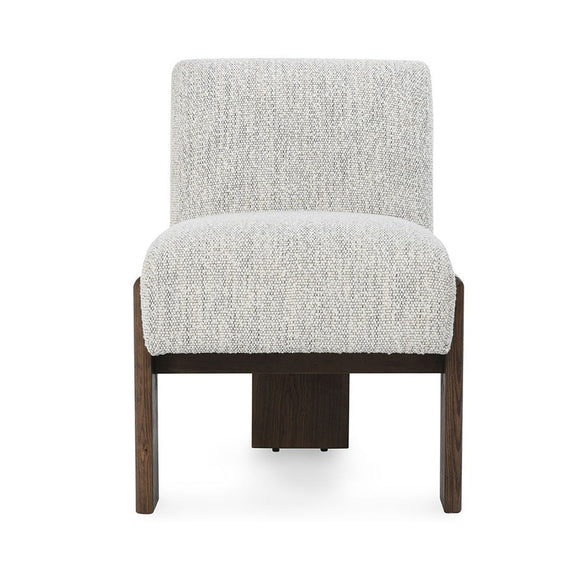 Upholstered dining chair with pixel ivory seat, tall back, and dark wood legs