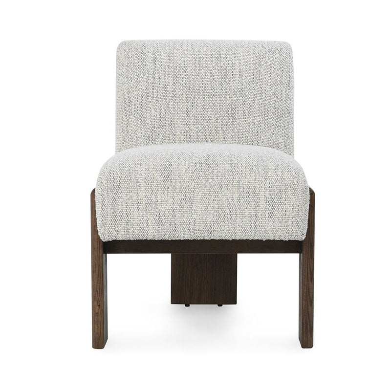 Upholstered dining chair with pixel ivory seat, tall back, and dark wood legs