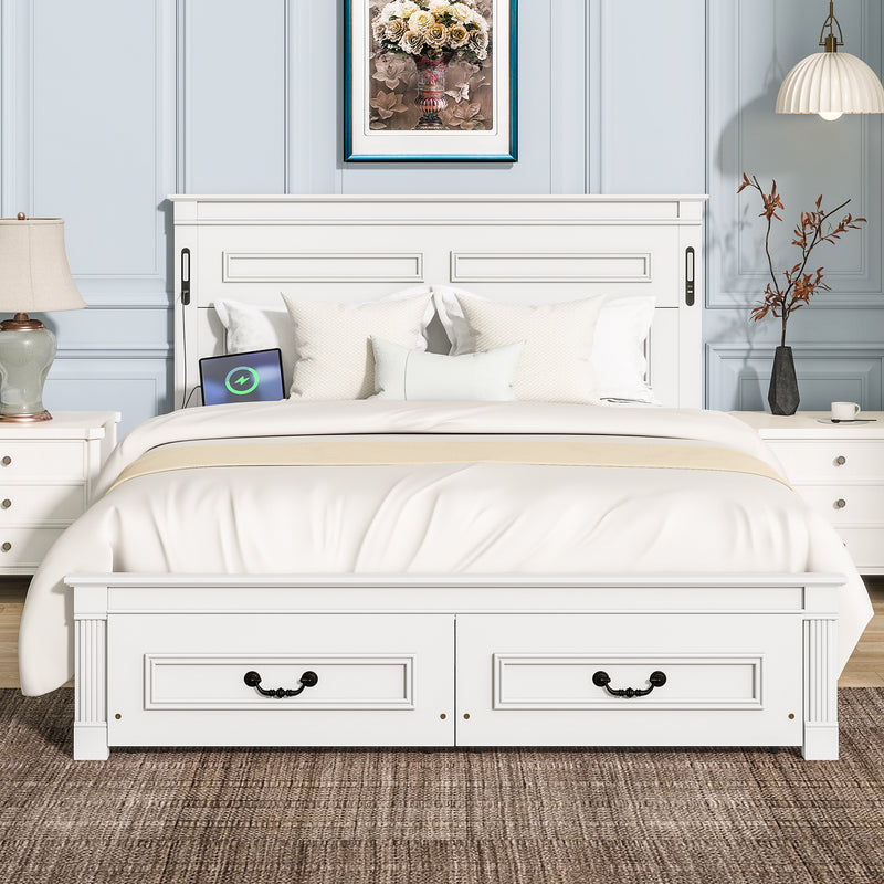 Queen Size Bed with Tall-Panel Headboard & Footboard, 2 Storage Drawers, Built-in LED Lights, USB Charging Station, Pinewood Bed with Strengthened Bed Frame, White
