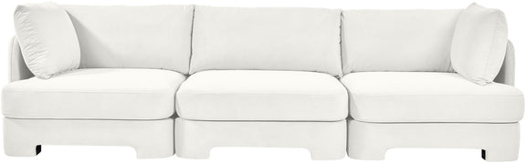 White velvet 3-piece sofa with three seat cushions and rounded armrests