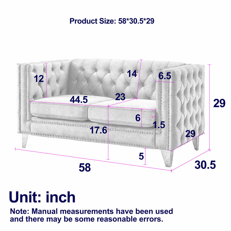 Ivory tufted sofa size diagram with labeled dimensions