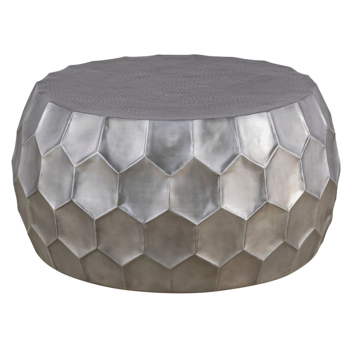 Round coffee table with pearl silver hex-pattern metal sides and gray fabric top