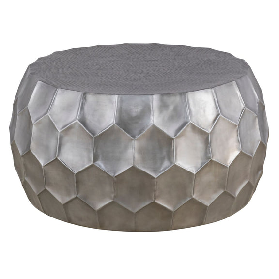 Round coffee table with pearl silver hex-pattern metal sides and gray fabric top
