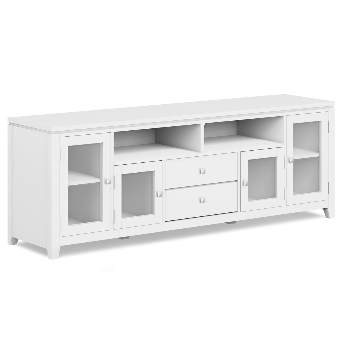 White wide TV media stand with open cubbies, drawers, and two glass-front cabinet doors