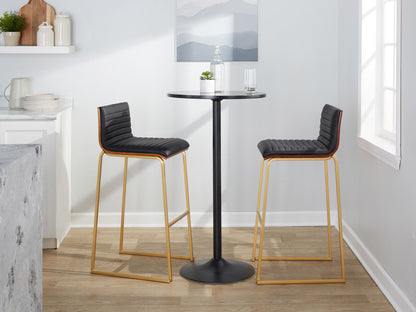 Black upholstered fixed-height barstool set of 2 with gold-tone metal legs.