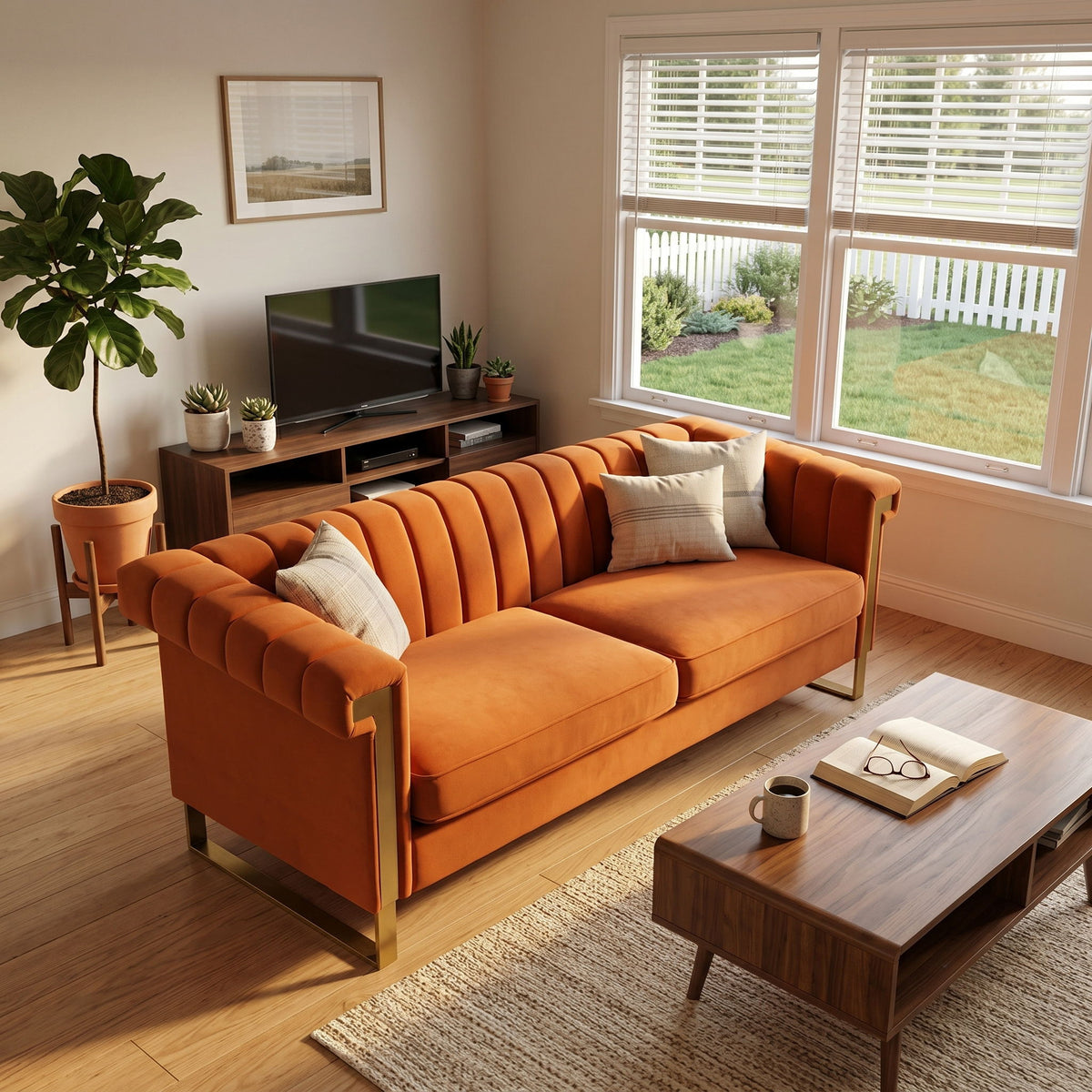 Orange two-seat sofa with channel-tufted back, loose cushions, and gold-tone metal base.