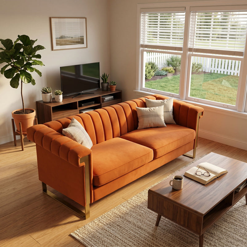 Orange two-seat sofa with channel-tufted back, loose cushions, and gold-tone metal base.