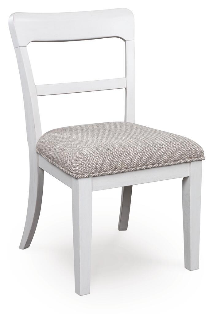 White dining side chair with light gray upholstered seat and vertical back panel