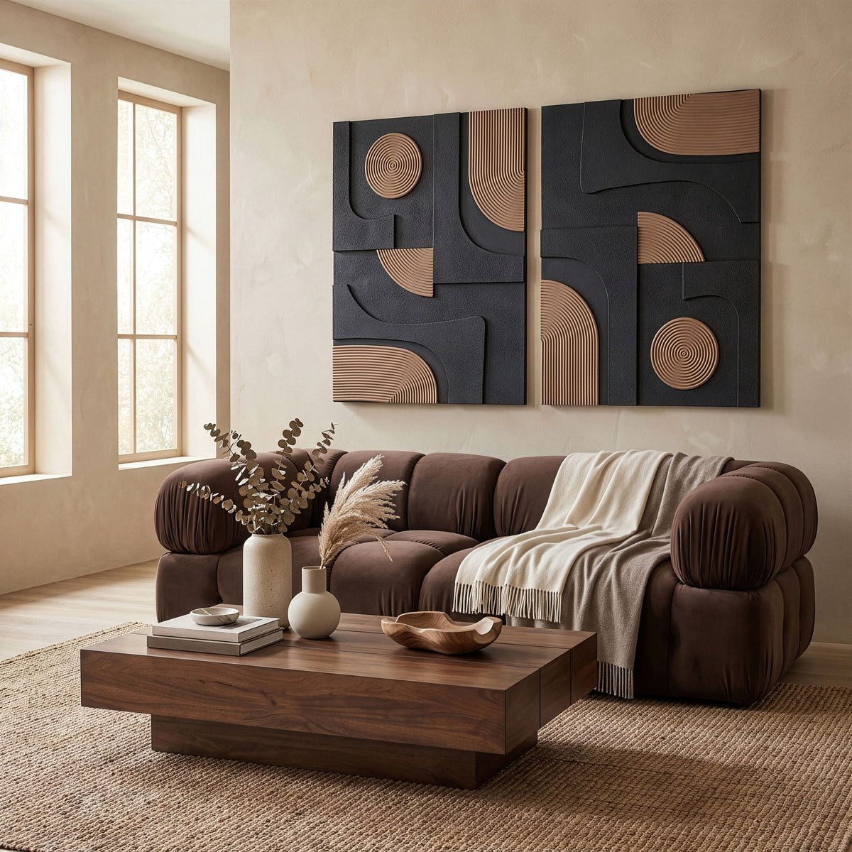 Mango wood wall art panels with curved ring designs in charcoal and tan tones on textured background