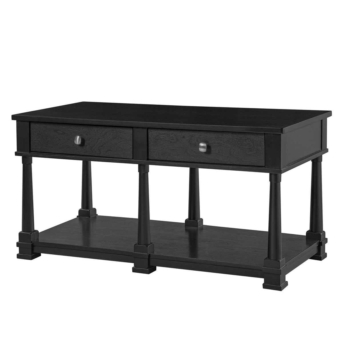 Black coffee table with two drawers and lower open shelf