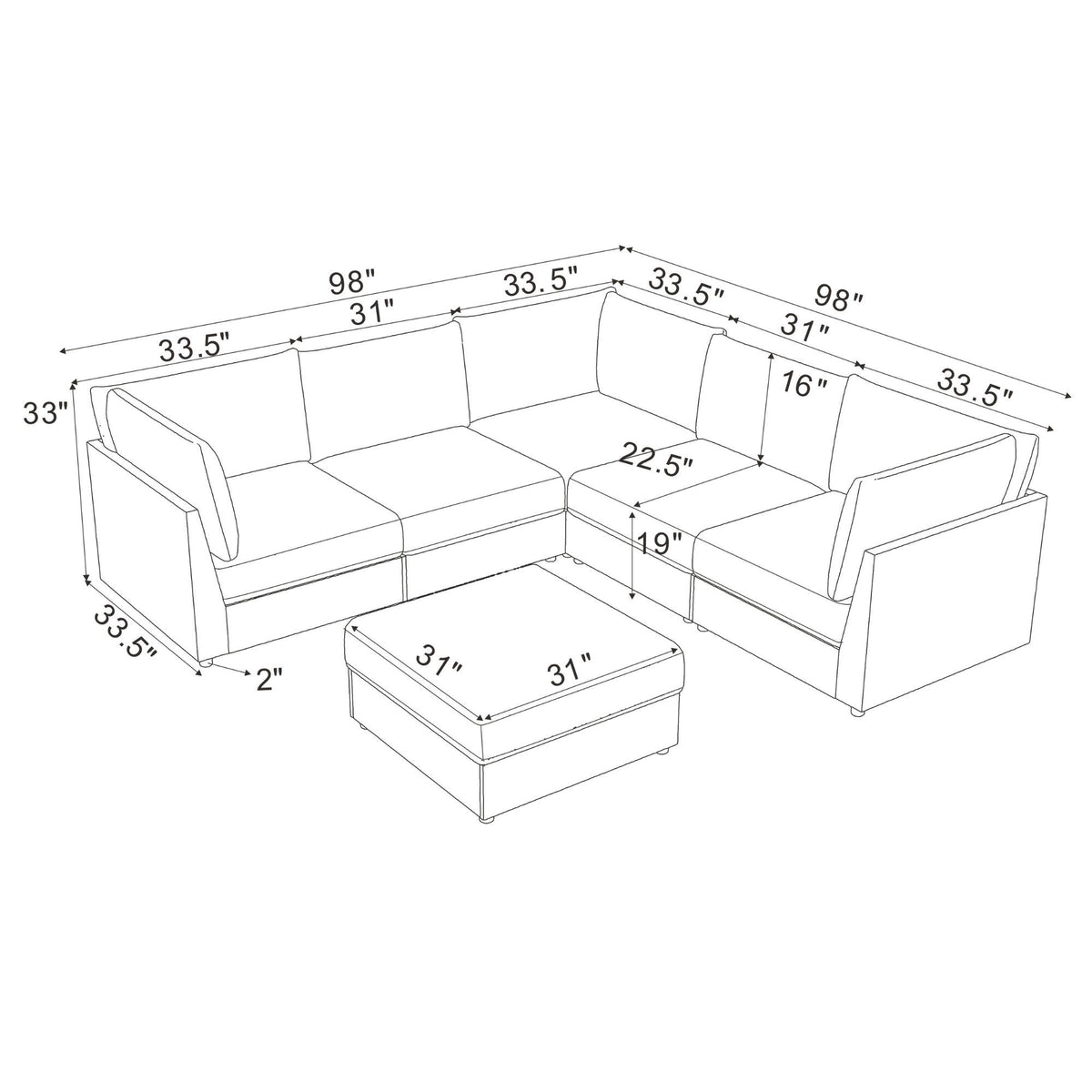 Modular sectional sofa with matching ottoman, shown in white outline diagram.