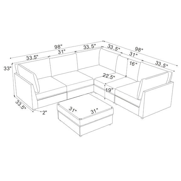 Modular sectional sofa with matching ottoman, shown in white outline diagram.