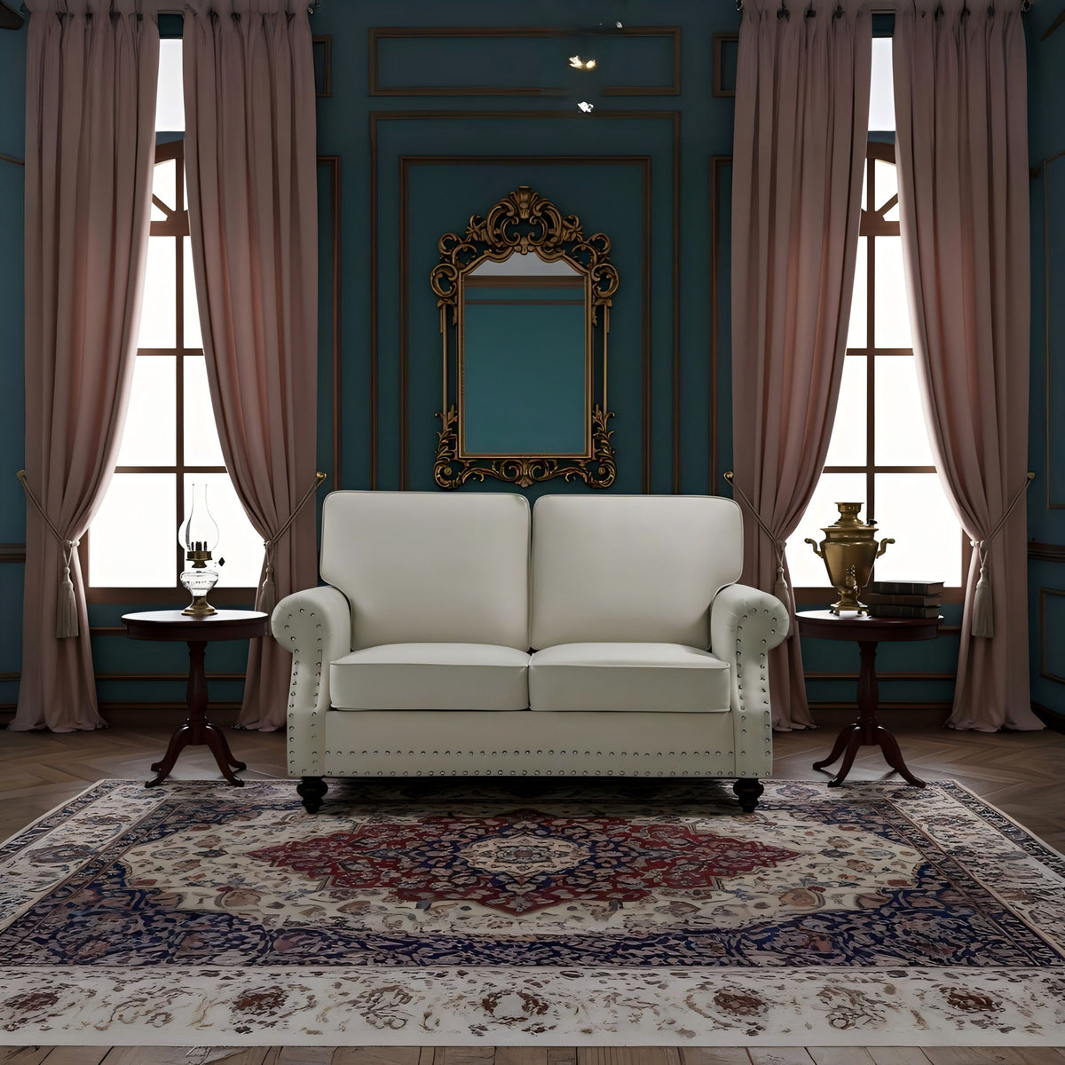 Light beige 2-seat loveseat sofa with nailhead trim, buttoned arms, and turned legs