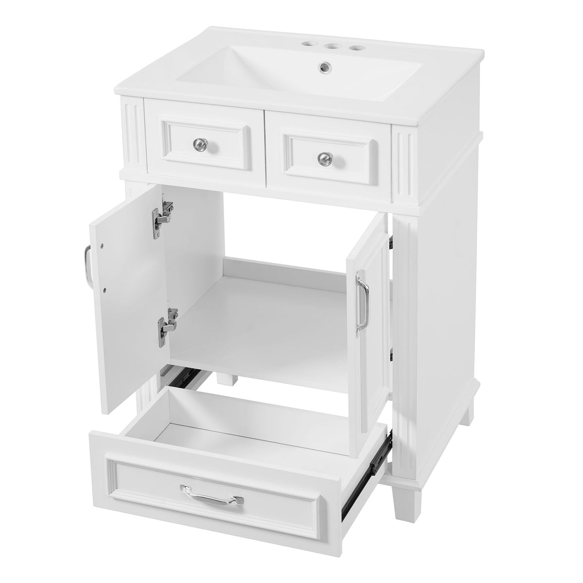 White bathroom vanity with sink top, open cabinet space, and pull-out drawer