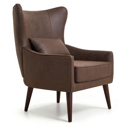 Curved-back lounge chair in dark brown fabric, cushioned seat and armrests.