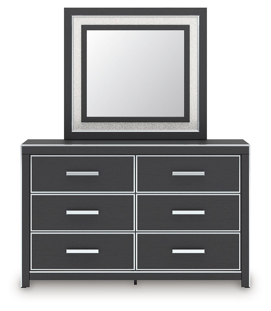 Six-drawer dresser with square mirror on top, dark finish and white bar handles