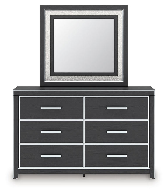 Six-drawer dresser with square mirror on top, dark finish and white bar handles
