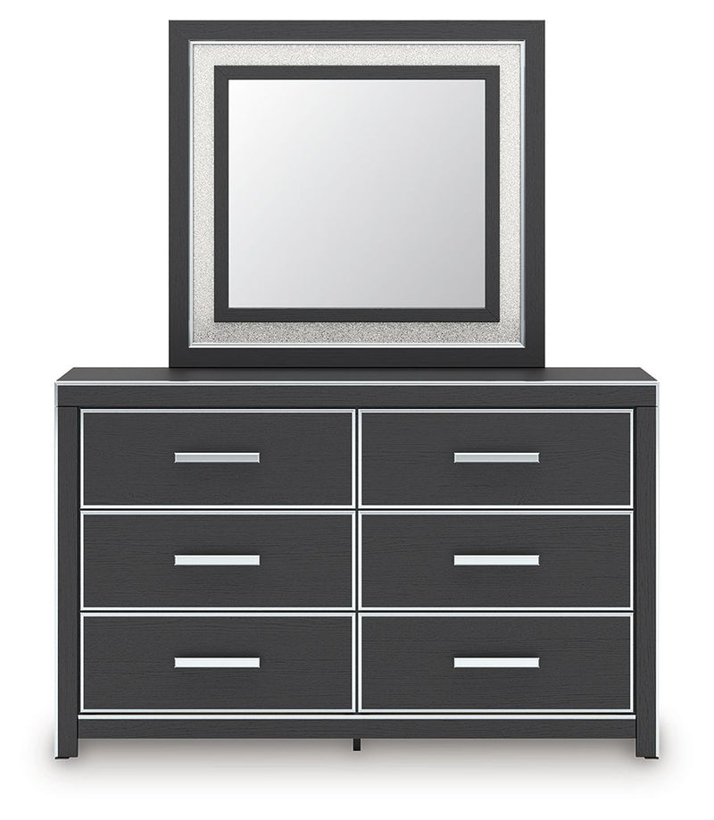 Six-drawer dresser with square mirror on top, dark finish and white bar handles